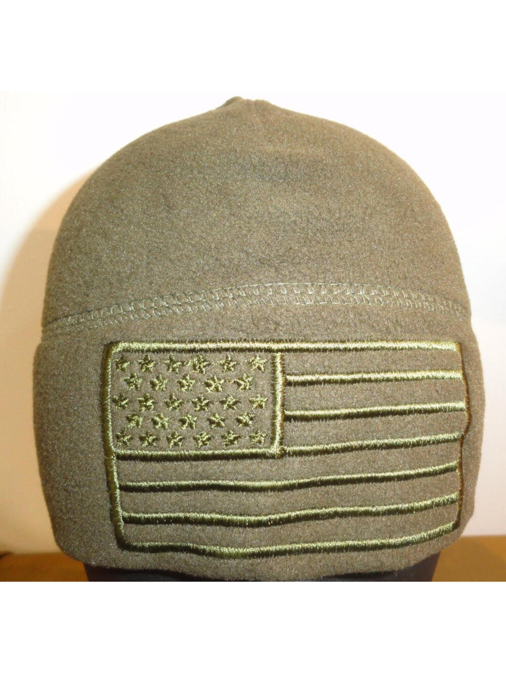 MILITARY STYLE OD GREEN BEANIE CAP WITH AMERICAN FLAG EMBROIDERY ONE SIZE